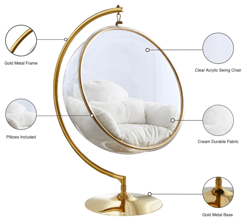 Luna Metal Acrylic Swing Bubble Accent Chair With Stand, White, Faux Fur