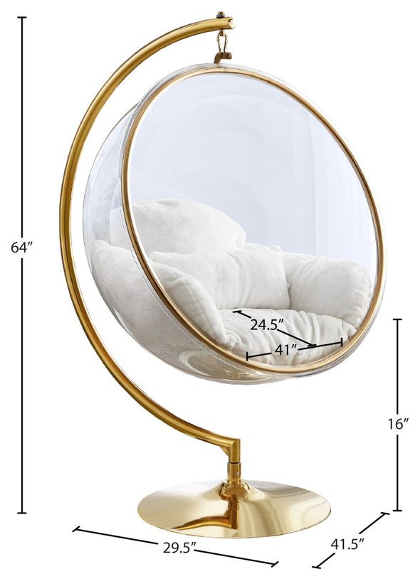 Luna Metal Acrylic Swing Bubble Accent Chair With Stand, White, Faux Fur