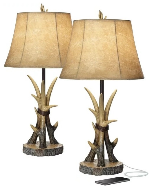 Set of 2 Rustic Table Lamp, Unique Natural Antler Base With USB Charging Ports