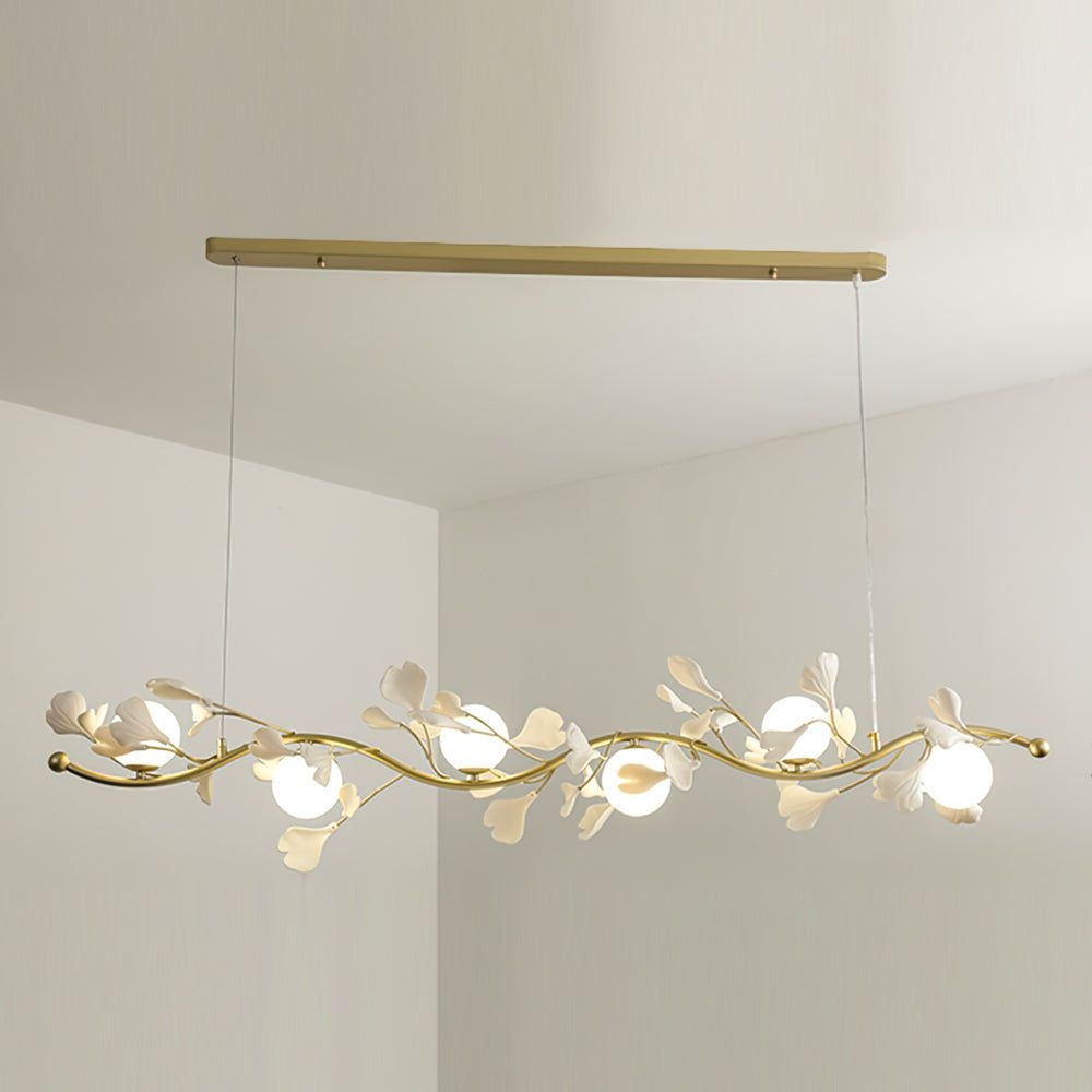 Gingko Glass Chandelier - 6 heads L 148cm x H 25cm / L 58.3 x H 9.8 / Gold & White
