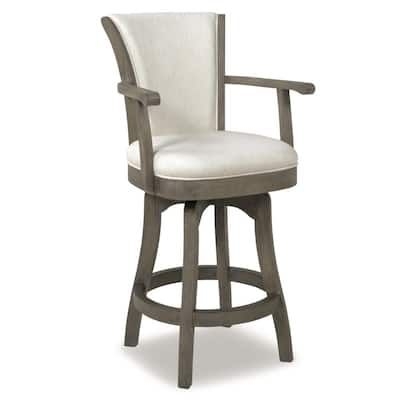 Jennifer Taylor Williams 27 in. White Modern Rustic High Back Swivel Kitchen Counter Height Bar Stool with Armrests and Wood Frame, Natural White/Brown