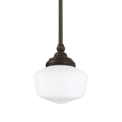 Sea Gull Lighting Academy Small 6.75 in. W. x 7.5 in H. 1-Light Heirloom Bronze Pendant with Satin White Glass Shade and Dimmable LED Bulb