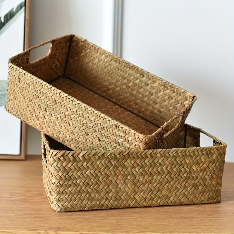 1pc Rural Simple Wicker Basket, Imitation Straw Woven Rattan Home Storage Basket, Table Snacks Fruit Sundries Cosmetics Storage Basket, Home Organization