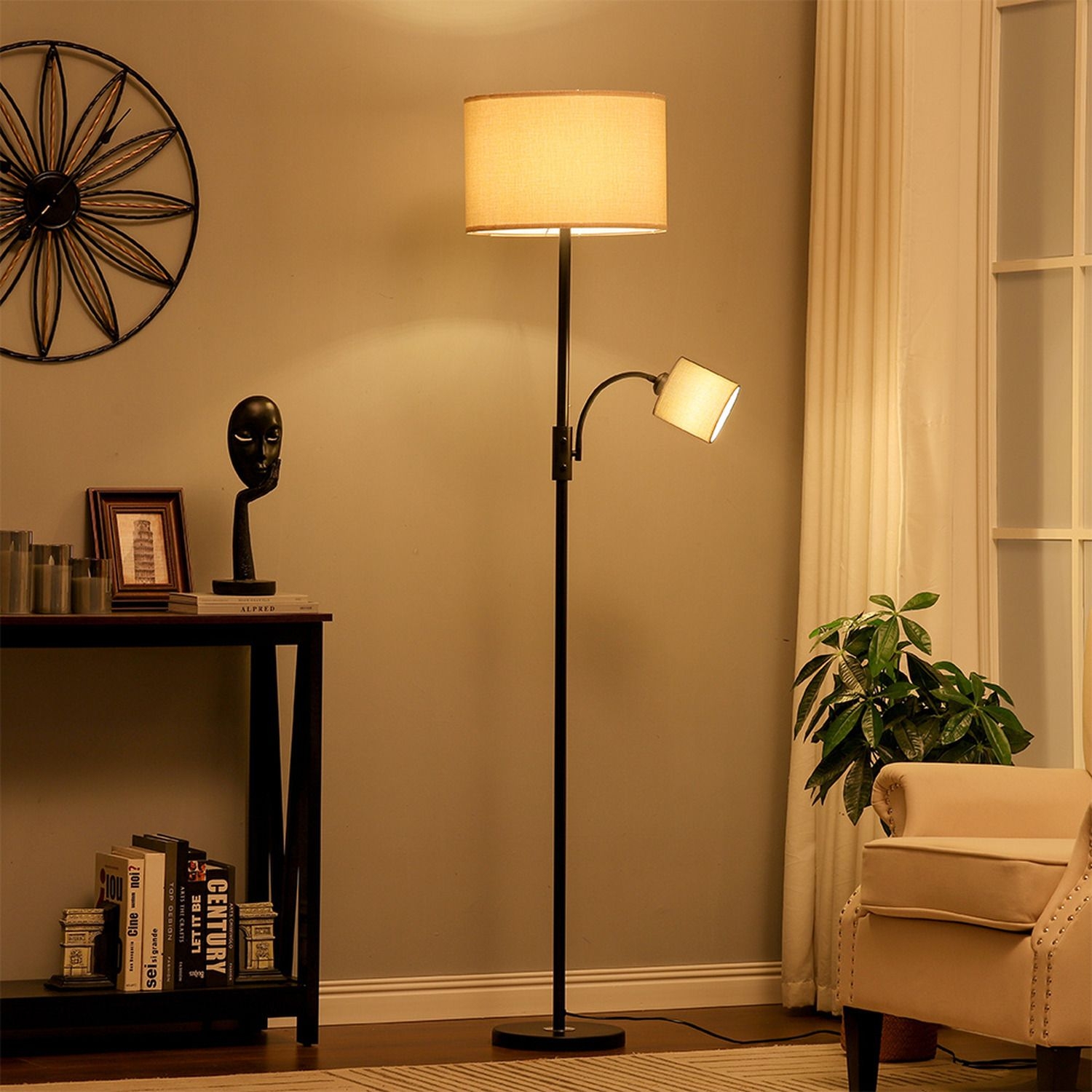 2 Head Mother And Child Floor Lamp Flexible LED Reading Light With Dual Switch - Black