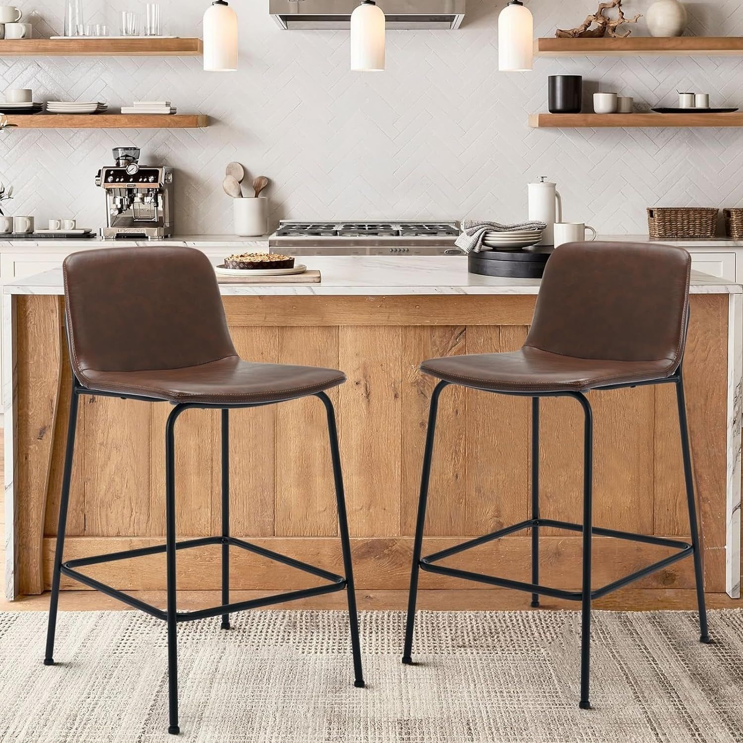 24 Inch Counter Height Barstools with Back, PU Leather Bar ChairsMetal Bar Stools set of 2
