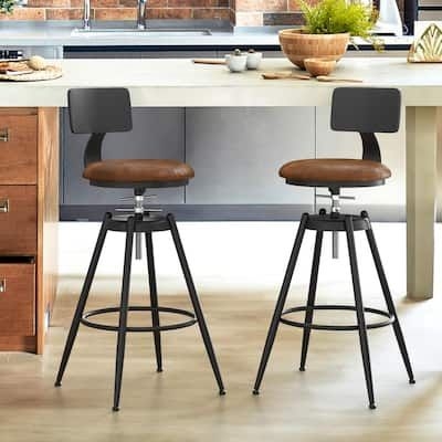 26"to 38"Leonardo Adjustable Height Yellow Brown Leather Fabric Cushion Metal Black Leg Swivel Bar Stool Chair(2-Pack)