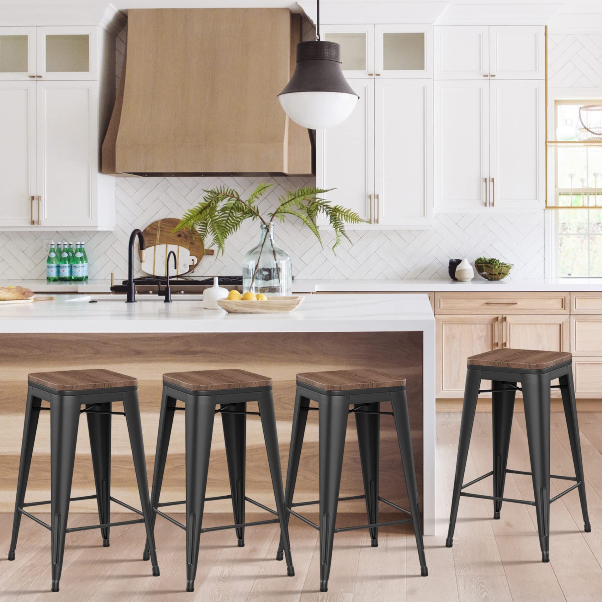 Alunaune 26" Metal Bar Stools Set of 4 Stackable Counter Height Barstools Backless Industrial Kitchen Bar Chairs with Wooden Seat-Matte Black