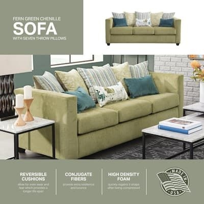 American Furniture Classics Urban Square 83 in. Square Arm Chenille Rectangle Sofa in. Green with Five Back Pillows and Three Throw Pillows