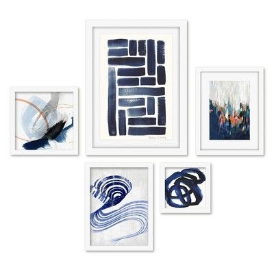 Americanflat 5 Piece White Framed Gallery Wall Art Set - Blue Abstract Shapes Pattern