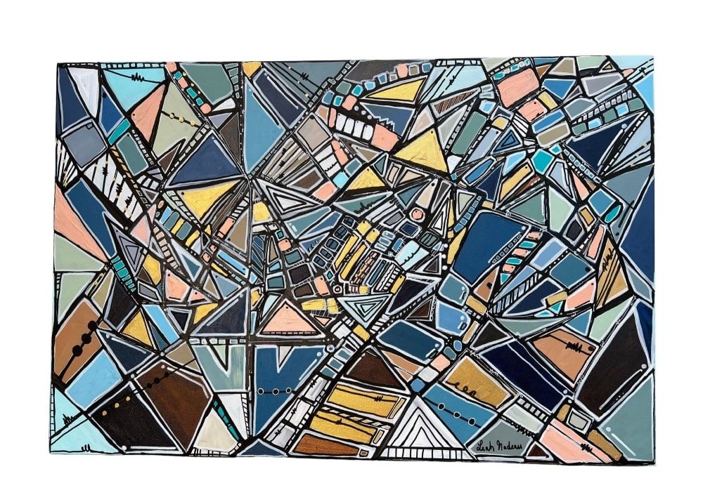 Blue and Gold Geometric Painting on Canvas