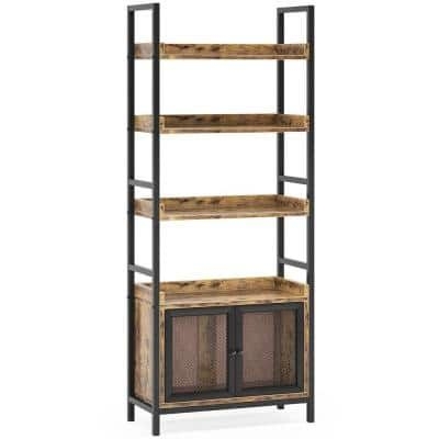 BYBLIGHT Eulas 68.9 in. H x 25 in. W Rustic Brown Wood 4-Shelf Standard Bookcase, 2-Doors Storage Cabinet for Livingroom, Bedroom