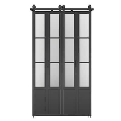 CALHOME 48 in. x 84 in. 3/4 Lites Frosted Glass Black Steel Frame Double Bi-Fold Barn Doors with Hardware Kit and Door Handle