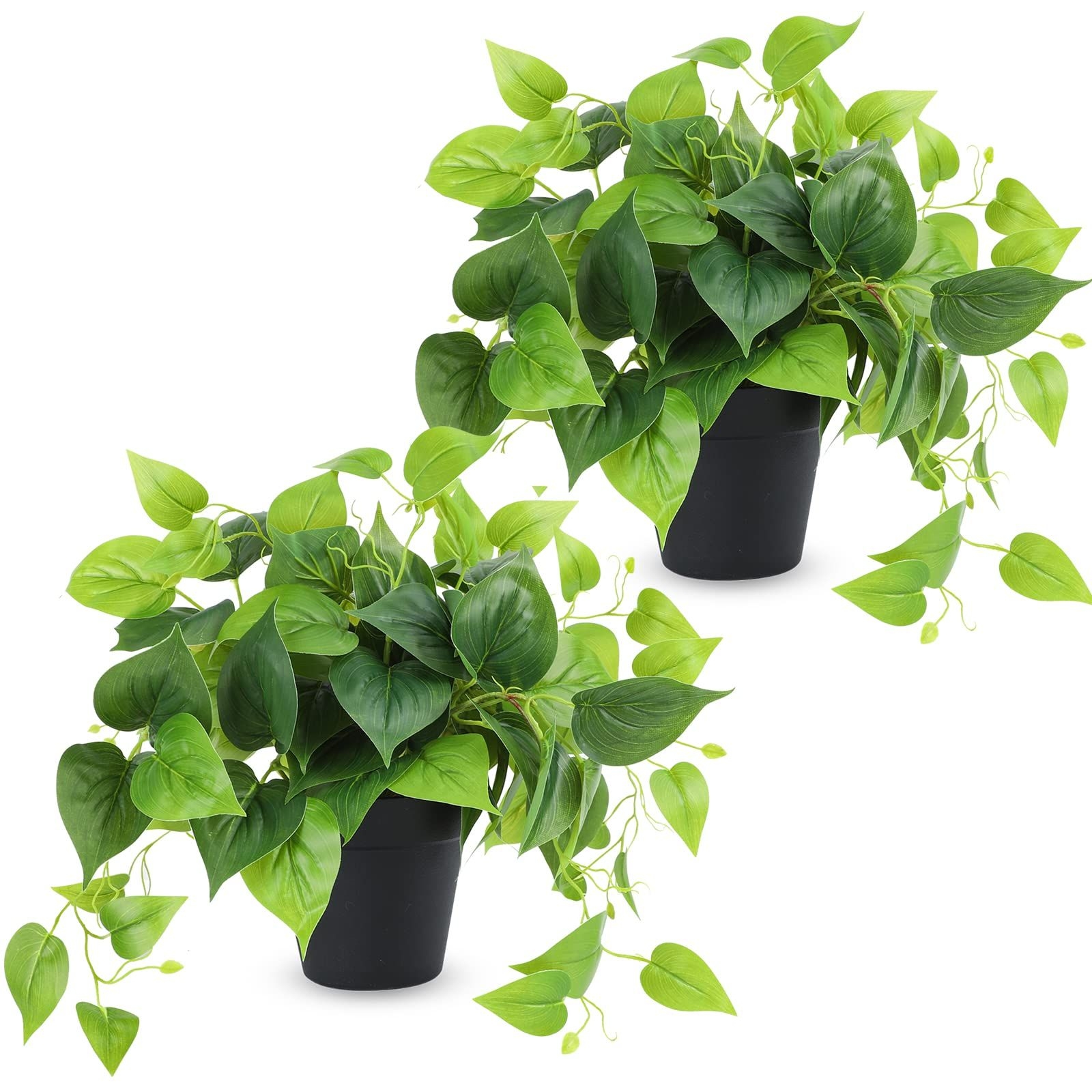 CEWOR Realistic Fake Plants Potted Artificial Scindapsus Aureus with Plastic Pot for Home Office Bedroom Indoor Outdoor Decor 2 Pack