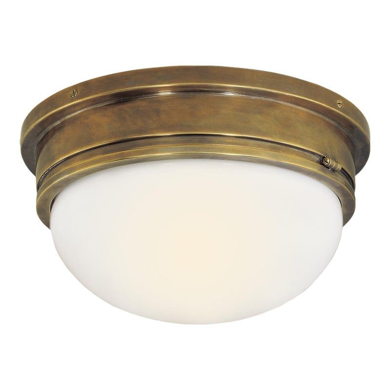 Chapman & Myers for Visual Comfort Signature Marine Large Flush Mount in Hand-Rubbed Antique Brass with White Glass