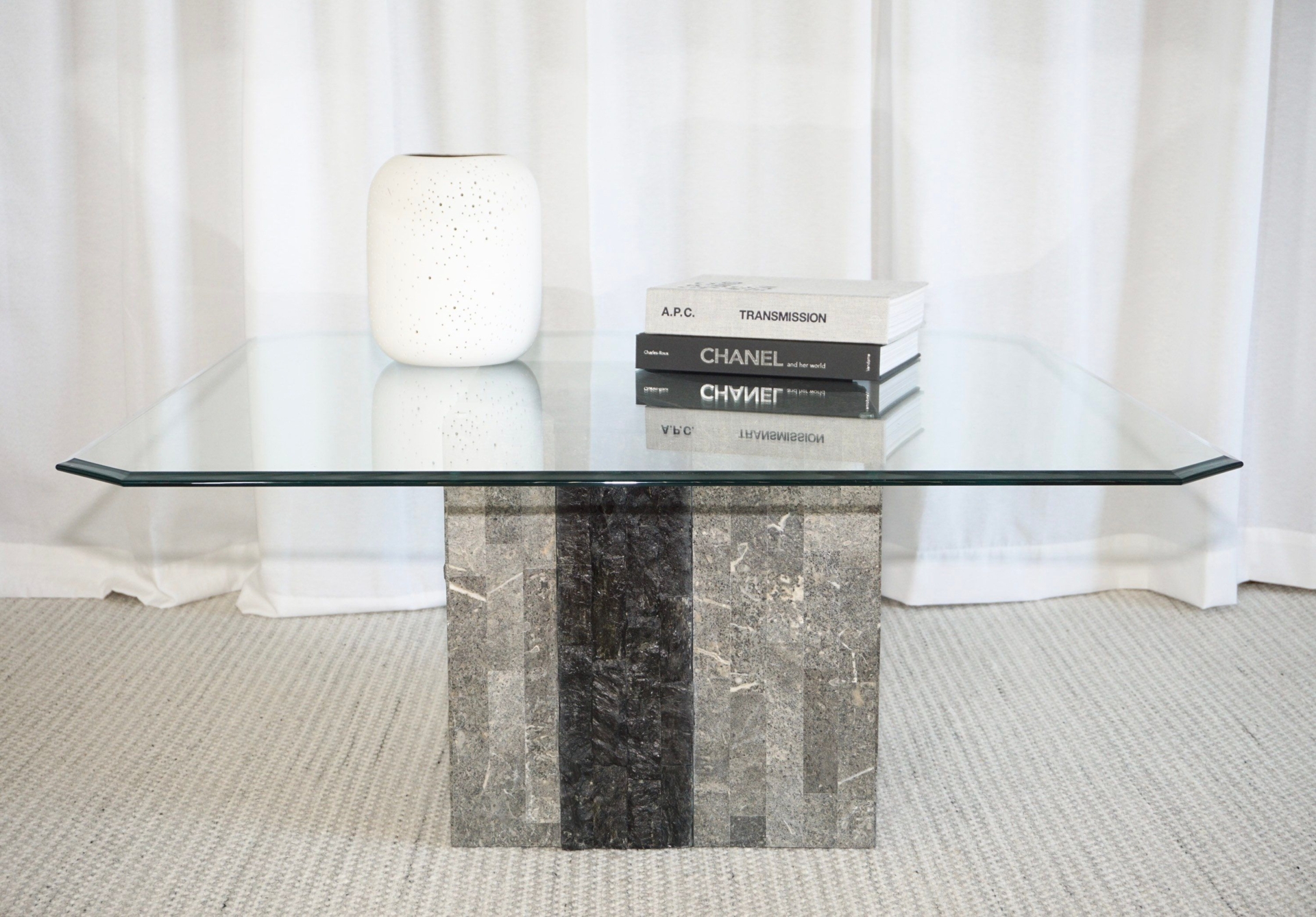 CHICAGO Local Pick up only* Vintage postmodern tessellated black gray stone table 80s coffee table