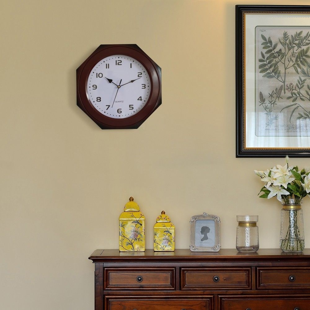 Clockswise Brown Modern Decorative Octagon Shaped Wood- Looking Plastic Wall Clock for Living Room, Kitchen, or Dining Room