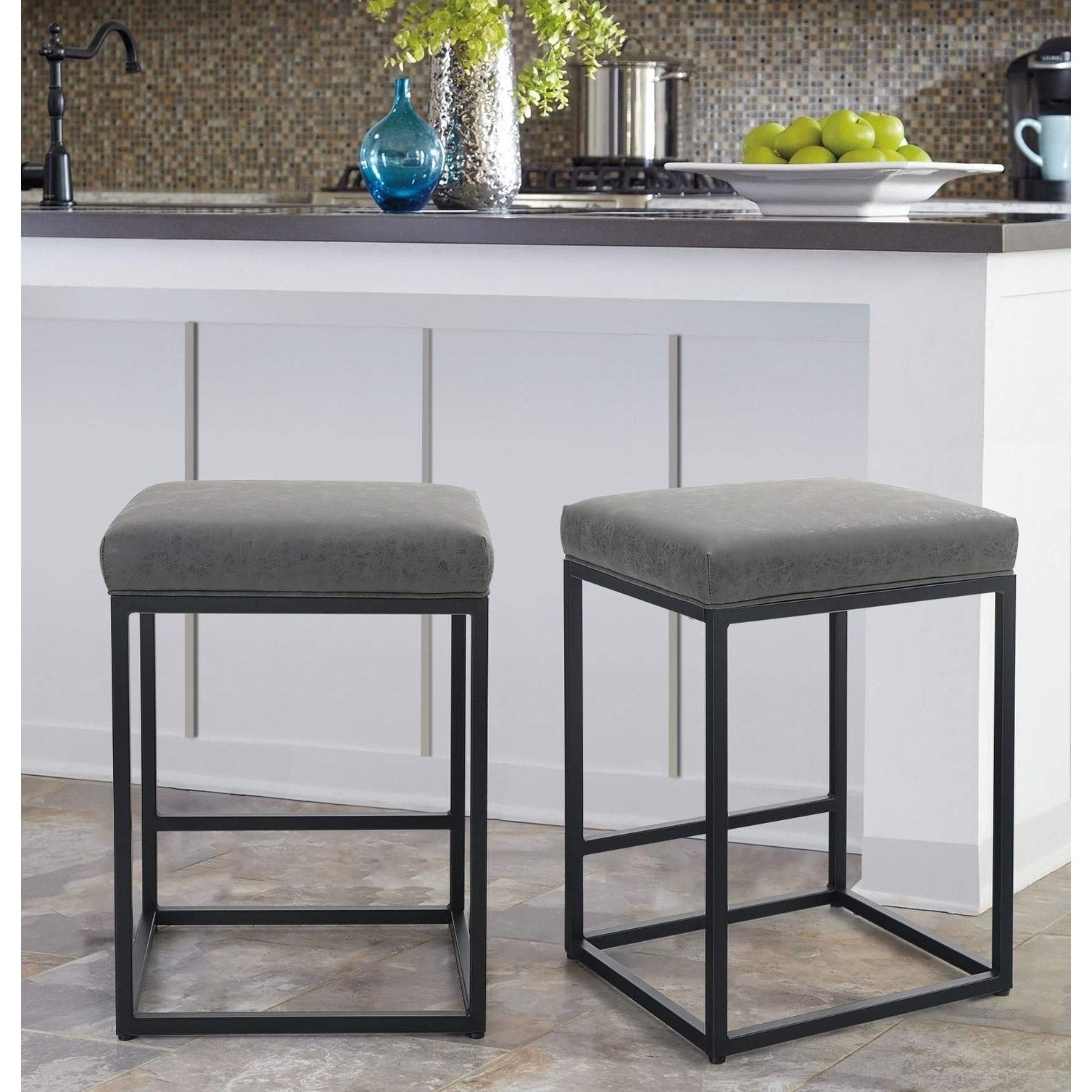 Counter Height 24" Bar Stools Set of 2 Backless Modern Barstools Industrial Upholstered Leather Stools Farmhouse Island Chairs
