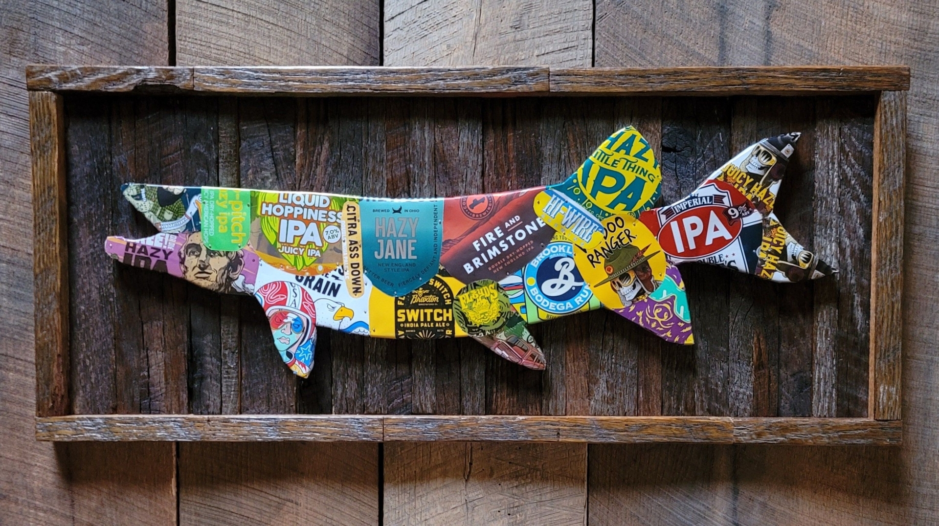 Craft Beer Label-Wrapped Musky Barnwood-Framed Wall Decor