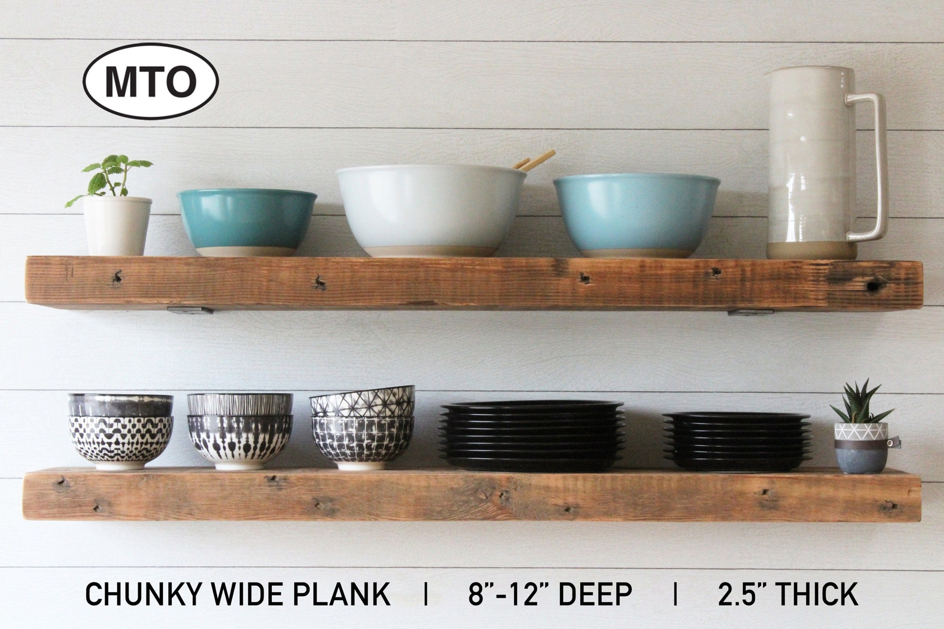 Deep Floating Shelves, Kitchen, Dishes | Low Profile Brackets | Reclaimed Barn Wood | MTO CWPD | Amish Handcrafted in Lancaster County, PA