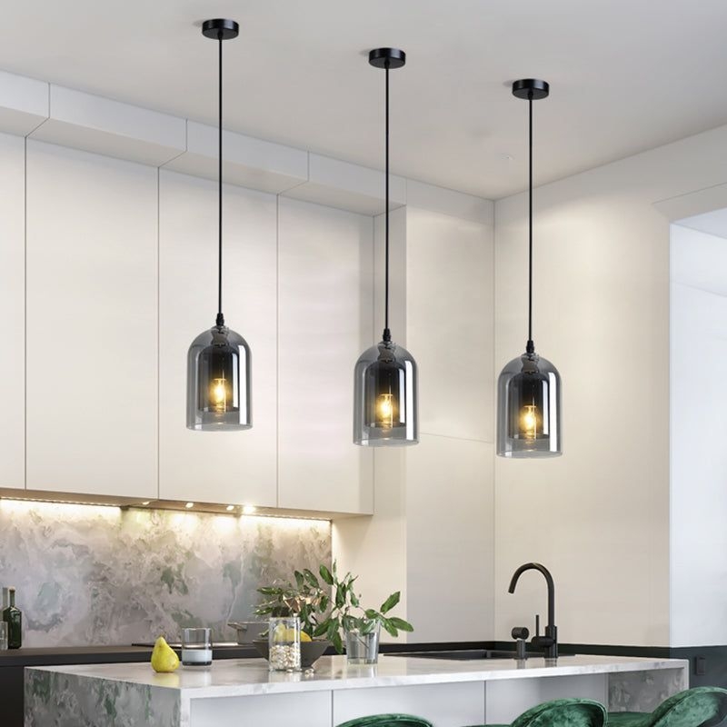 Dual Cloche Shaped Pendant Light Postmodern Blown Glass 1 Head Bedroom Suspension Light - Smoke Gray