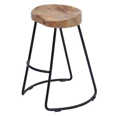 Ela 24 in. Brown and Black Backless Metal Frame Counter Height Stool with Wooden Seat