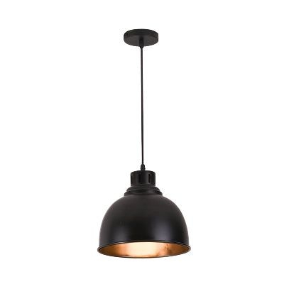 Farmhouse Dome Shade Hanging Fixture 1 Bulb Iron Pendant Ceiling Light with Adjustable Cord in Black - Black