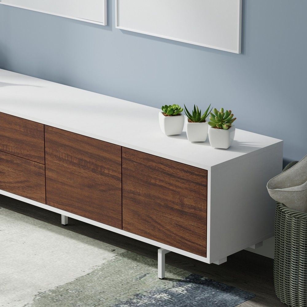 Glenwillow Home Atlas 78" x 20" Modern TV Stand Cabinet - White Frame, Walnut Door/Drawers, White Base