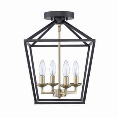 Home Decorators Collection Weyburn 16.5 in. 4-Light Black and Gold Lantern Farmhouse Semi-Flush Mount Kitchen Ceiling Light Fixture