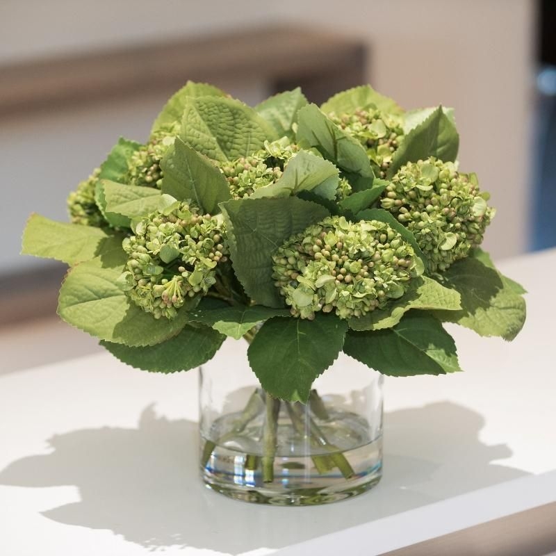 Hydrangea Faux Green Bud Arrangement in Glass Cylinder