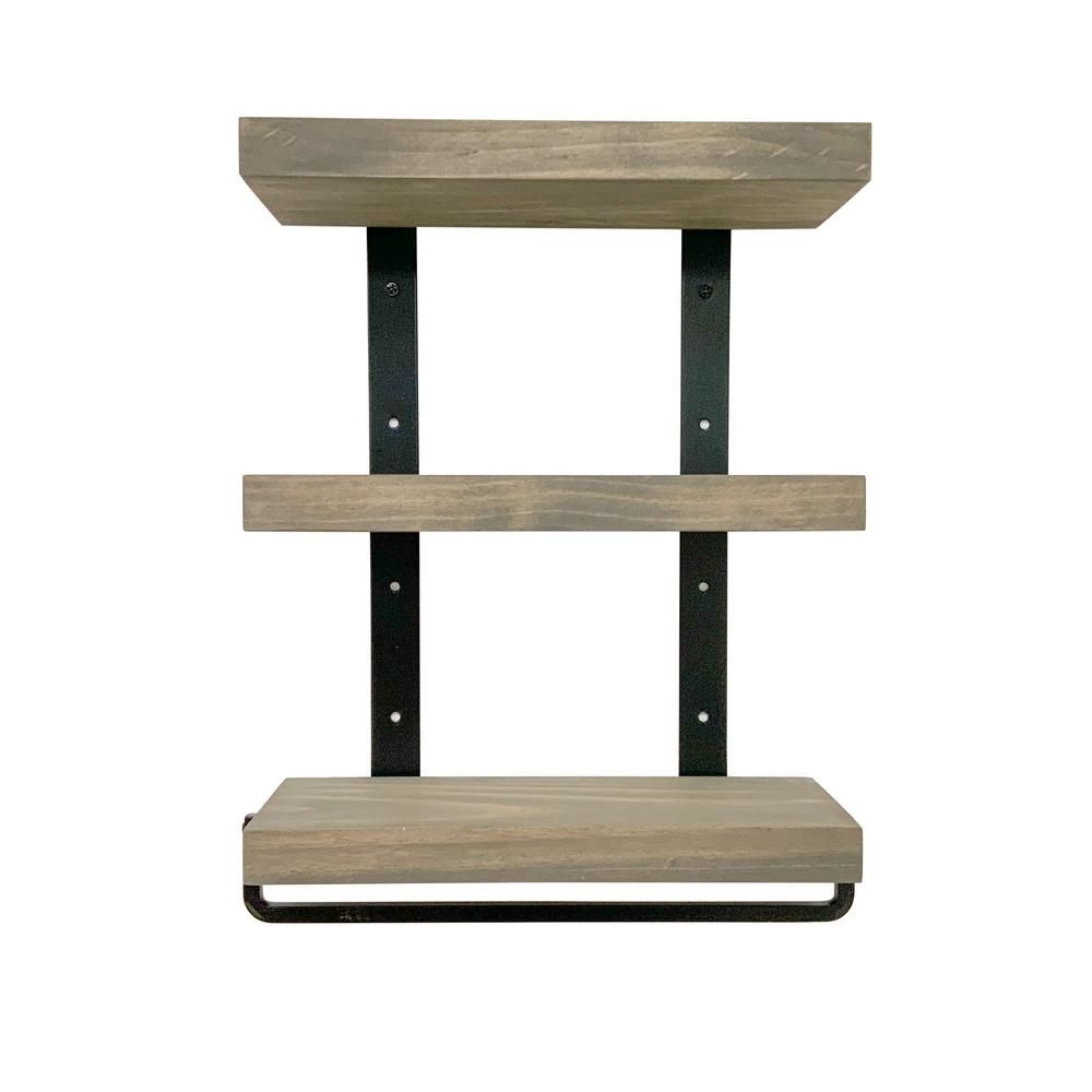 Industrial 3-tier 5.5 in. x 16 in. x 23 in. Gray Pine Wood Floating Decorative Wall Shelf with Towel Bar