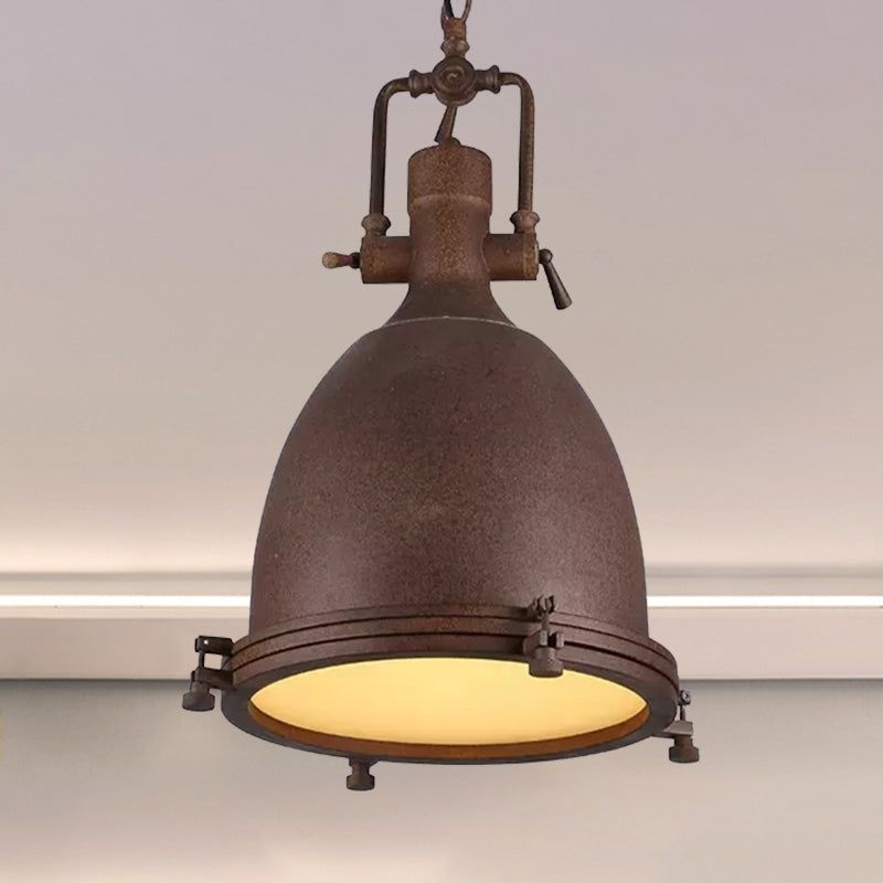 Industrial Domed Pendant Lamp - 1-Light Metal Ceiling Light Fixture for Bars - Black/Silver/Rust with Hanging Chain - Black