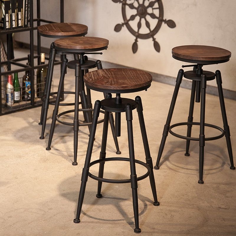 Industrial Footrest Adjustable Height Barstool Brown Pine Home Stool - Wood / With Back / 4 Piece Set
