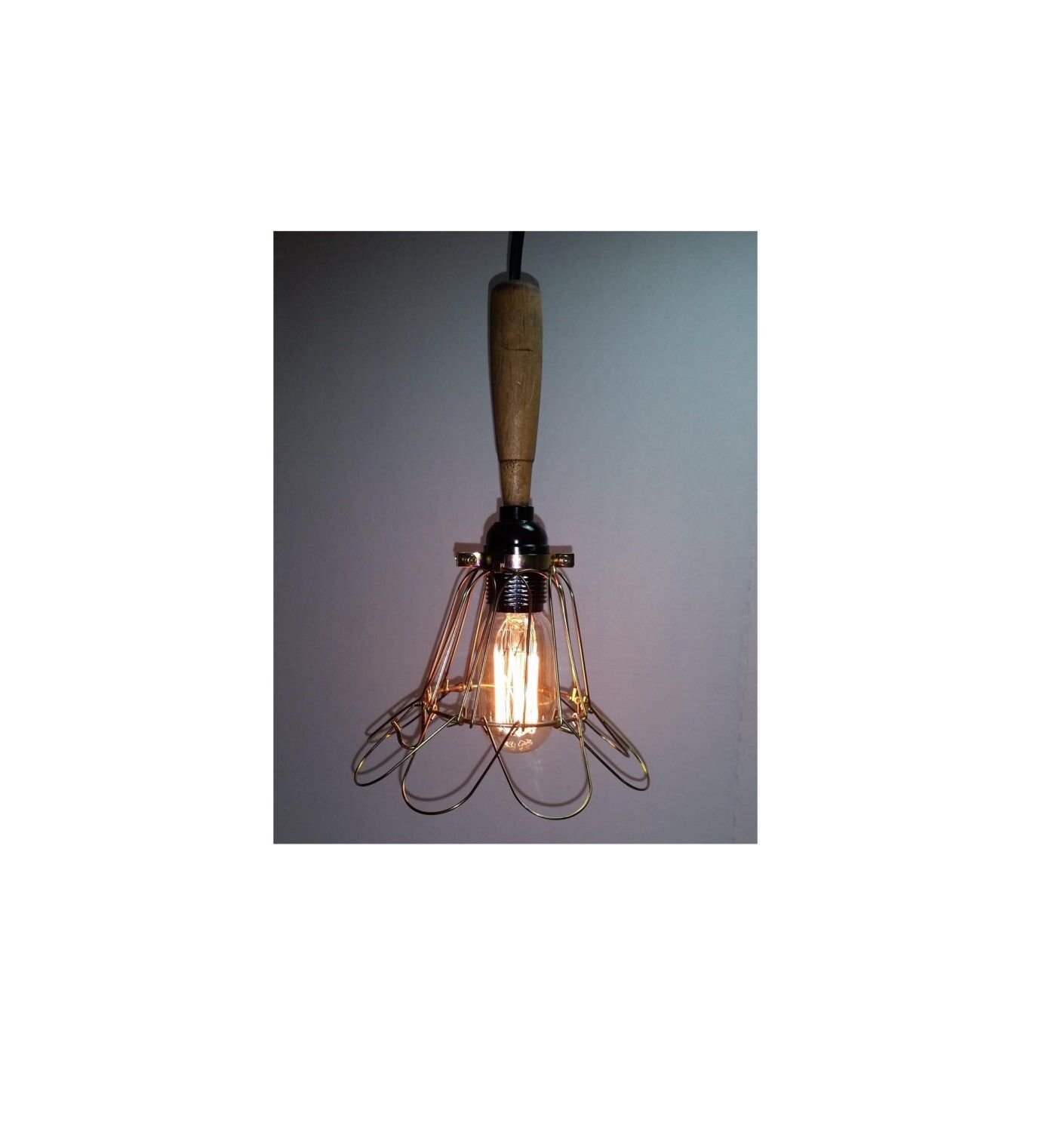 Industrial Style Pendant Light Wood Handle and Cage 11' cord & plug See Options Can Customize