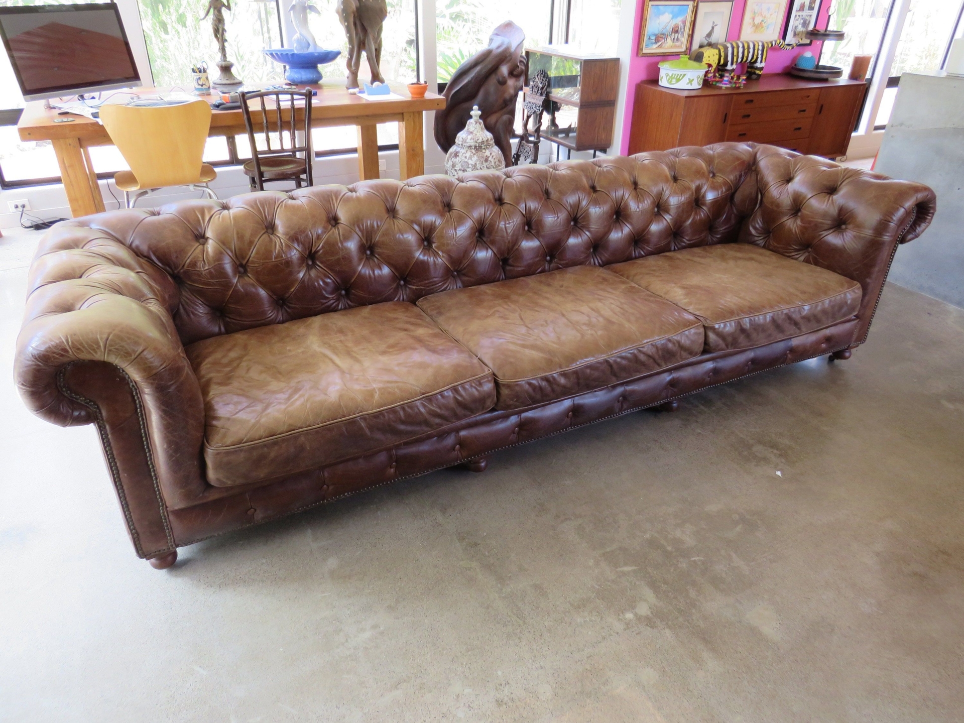 Leather tufted Chesterfield sofa nailhead trim 10 feet long Restoration Hardware sofa Couch Living room furniture Local Pick Up Only