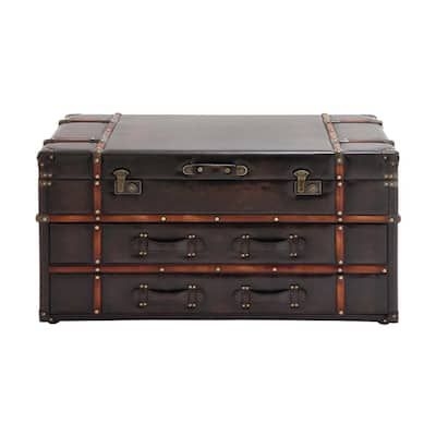 Litton Lane 40 in. Brown Large Rectangle Faux Leather Vintage Faux Leather 2 Drawer Coffee Table with Buckle Hinged Top