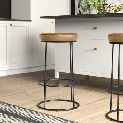 Mercury Row Mccree 28" Bar Stool Upholstered / Leather / Metal / Faux leather in Gray, Size 28.0 H x 16.0 W x 16.0 D in | Wayfair