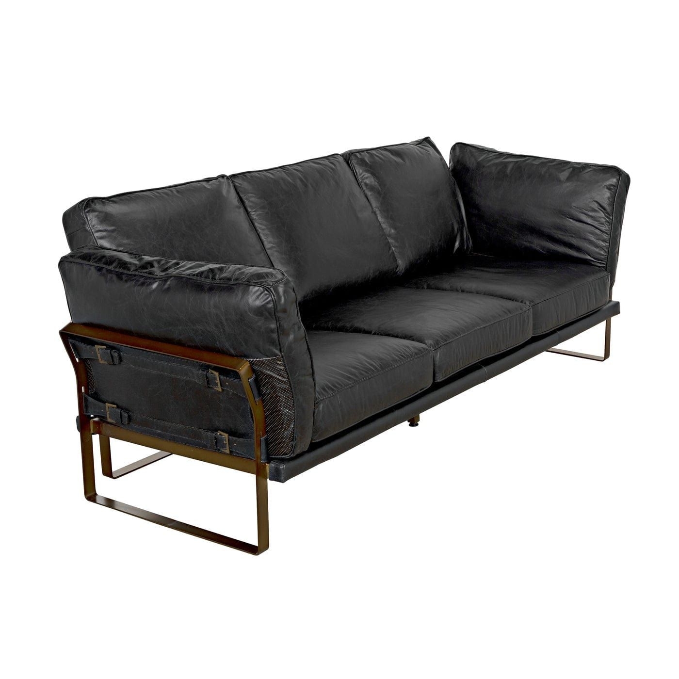 Merie Sofa - Black Leather with Aged Brass Accent