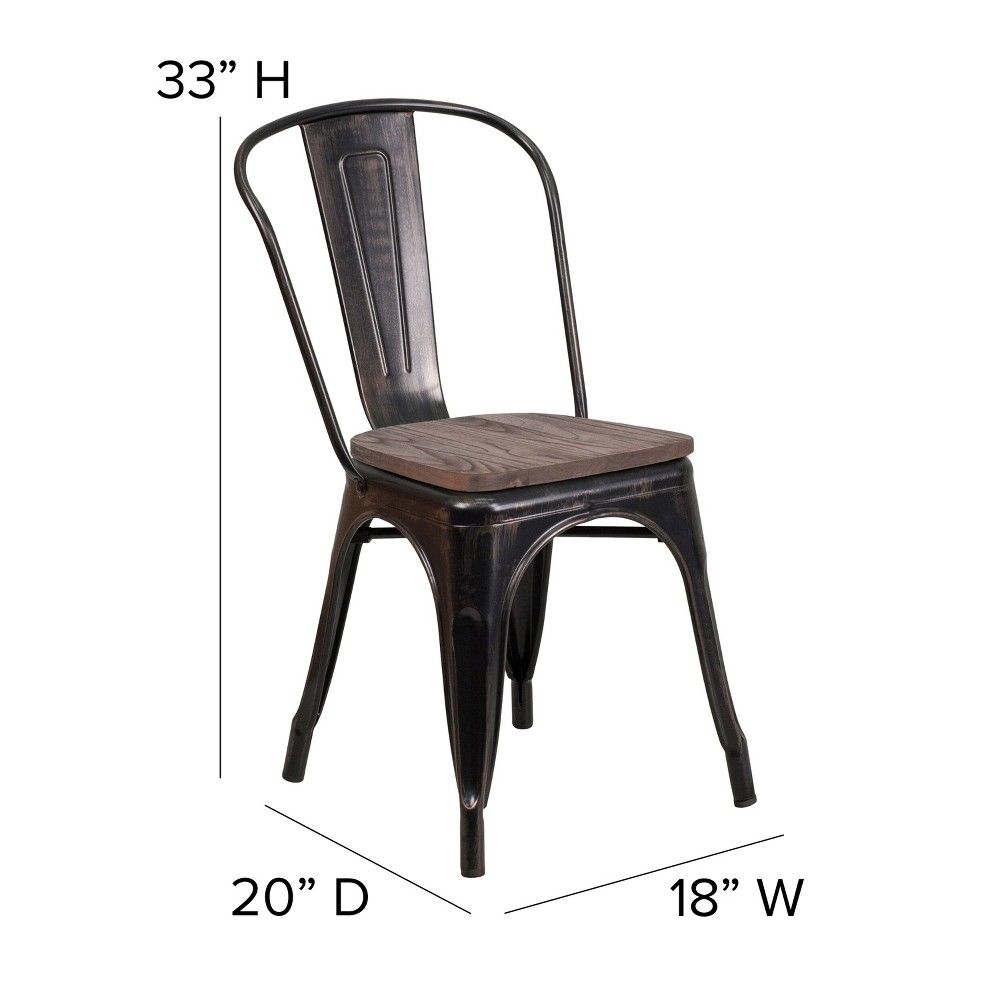 Merrick Lane Black-Antique Gold Metal Dining Chair With Curved Vertical Slatted Back And Textured Wood Seat