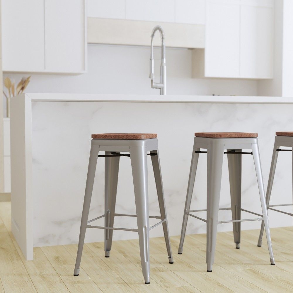 Merrick Lane Set of Four 30 Inch Tall Silver Metal Backless Wood Square Seat Bar Stools With Cross Braces