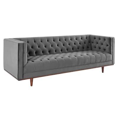 MODWAY Elation 90.5 in. Gray Tufted Performance Velvet 3-Seats Sofa with Dense Foam Padding