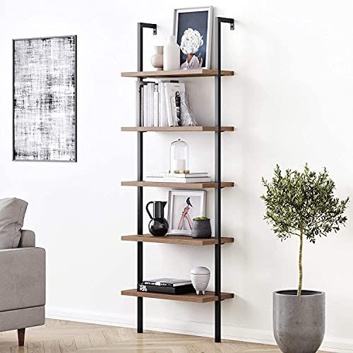 Nathan James Theo 5shelf Oak Wood Modern Bookcase Open Wall Mount Ladder Bookshelf With Industrial Black Metal Frame, 5-shelf