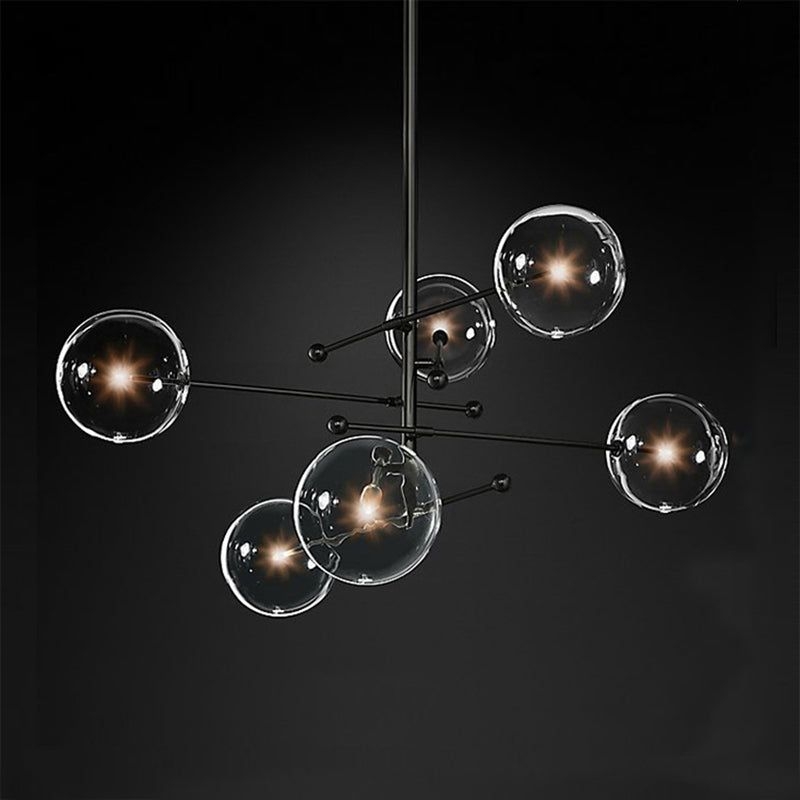 Nordic Metal Chandelier Globe Pendant Lamps with Glass Shade for Living Room - 6-Light / Black