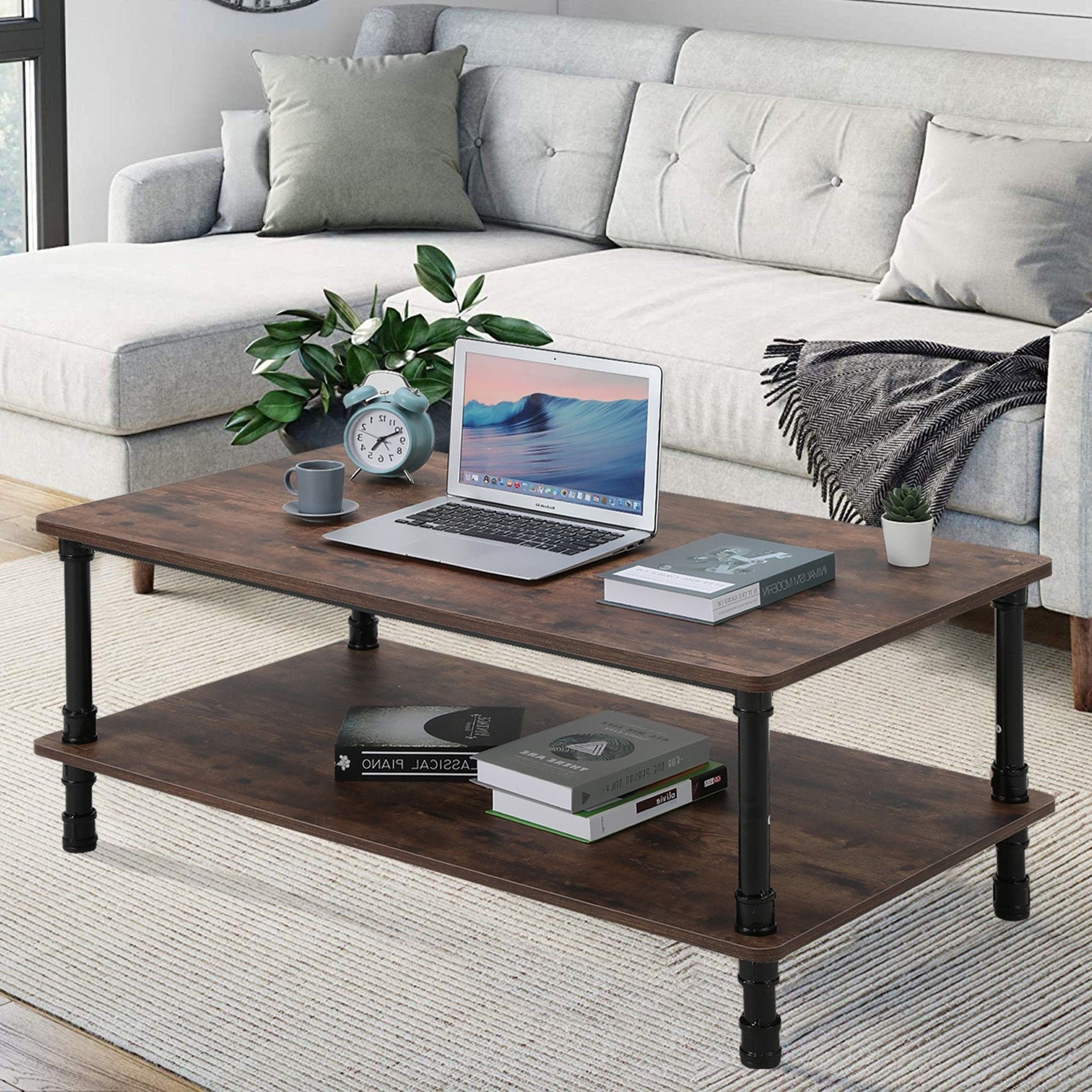 Rustic Coffee Table, 2 Layers Coffee Desks with Open Shelf, Solid Wooden Tabletop, Metal Legs, Living Room Furniture, Rectangular End Tables
