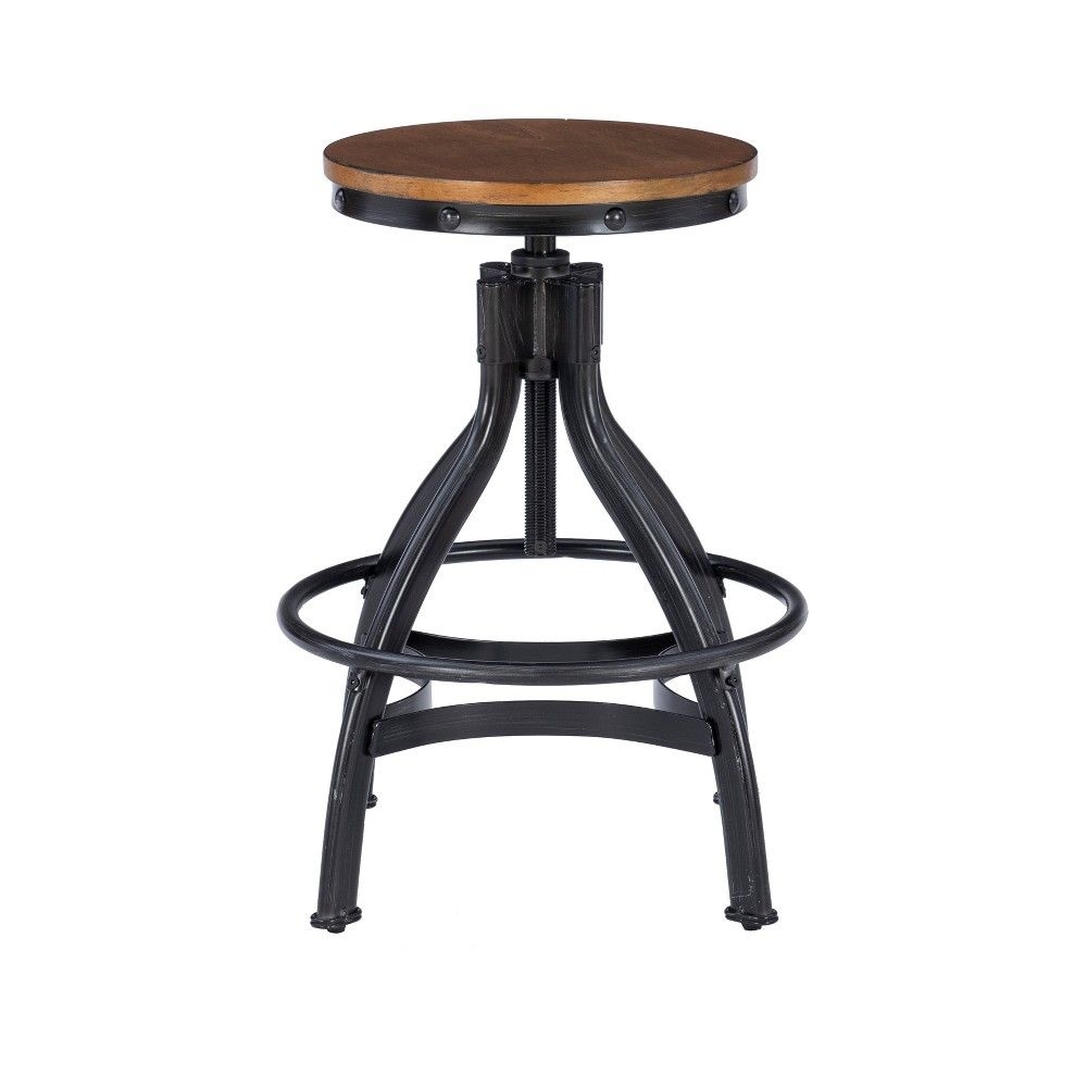 Set of 2 24-29" Tormo Adjustable Height Backless Metal and Distressed Wood Seat Barstool Black - Powell