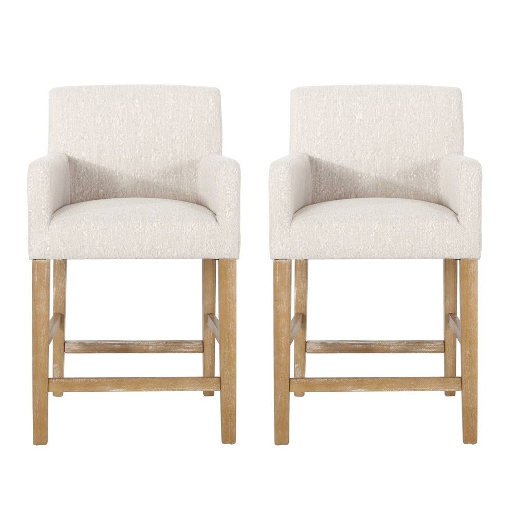 Set of 2 26" Armga Contemporary Fabric Upholstered Wood Counter Height Barstools Beige/Weathered Natural - Christopher Knight Home