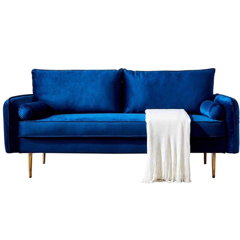 Sudzendf Metal Outdoor Velvet Fabric Sofa Loveseat and Pocket with Blue Cushions