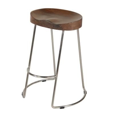 The Urban Port 24 in. Brown and Silver Small Farmhouse Counter Height Barstool with Wooden Saddle Seat and Tubular Frame