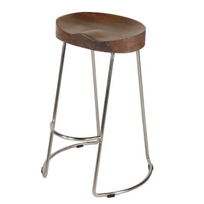 THE URBAN PORT Farmhouse 30 in. Brown and Silver Counter Height Barstool with Wooden Saddle Seat and Tubular Frame Large