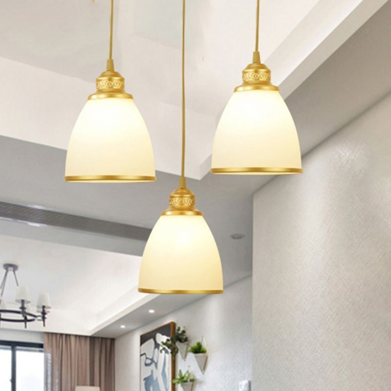 Traditional Bell Shade Multi Ceiling Light Cream Glass Suspension Lighting for Living Room - 3-Light / Black / Round