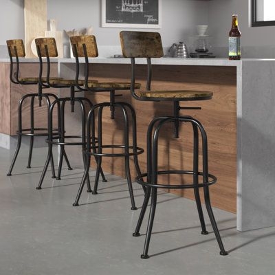 Trent Austin Design Graf Set Of 4 Industrial Bar Stool Adjustable Swivel Counter-height Dining Side Chair Wood / Metal in Black / Brown | 21.5 W x 21.5 D in | Wayfair